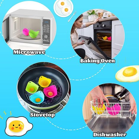 Egg Poacher - Silicone Egg Poaching Cup for Stovetop and Microwave - with Ring Base and Oil Brush - Set of 4