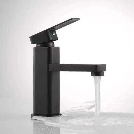 Robinet Évier Salle de Bain Monotrou Carré Noir avec Poignée Métal Robinet Lavabo (1/4)
