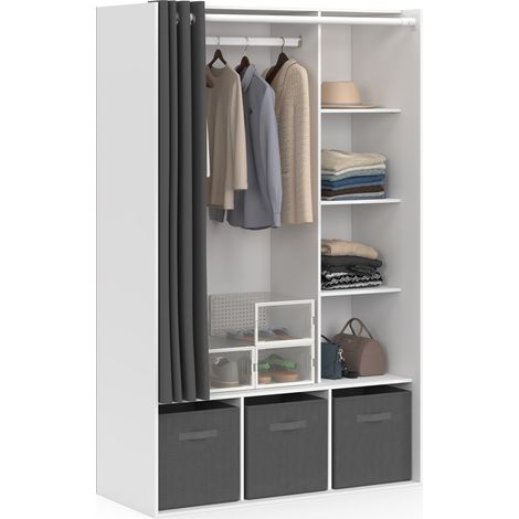 Idmarket – Dressing penderie blanc 105 x 45 x 167 cm – 4 étagères ajustables – 3 boîtes de rangement – Rideau gris pour espace ordonné