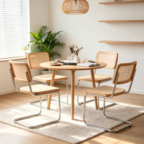 Lot de 4 chaises de salle à manger - chaises cantilever avec dossier en rotin tressé - assise rembourrée et piètement chromé - marron (1/5)