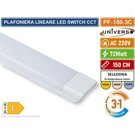 PLAFONIERA LINEARE LED UNIVERSO ALTA LUMINOSITA' 7200 LUMEN 150CM 72W IP20 CCT SWITCH CAMBIA COLORE LUCE 3000K - 4000K - 6500K (1/5)