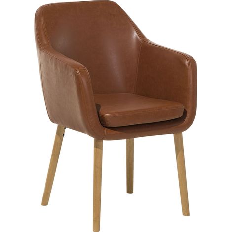Beliani – Chaise de salle à manger rétro en cuir PU marron – Accoudoirs confortables – Dimensions 82x56cm – Charge 150kg – Assemblage partiel requis (1/5)
