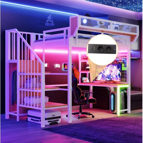 Cama alta juvenil con escritorio LED y almacenaje OKMYHOME (1/5)