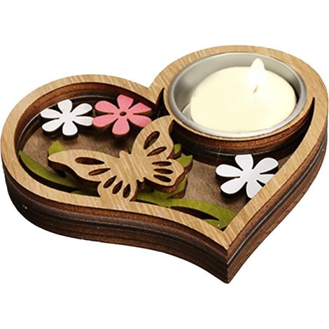 Photophore en bois en forme de cœur - Cadeau décoratif pour maman - Bougeoir décoratif pour Pâques - Bougie de baptême - Assiette de mariage (1/5)