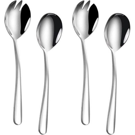4 Couverts de service, Cuillère et fourchette en acier inoxydable, Poignée ergonomique, 19,5 cm, Pour salade et repas (1/5)