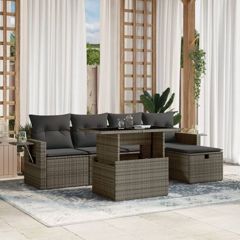 Ensemble de mobilier de jardin 6 pièces avec canapé, fauteuils, table ajustable, repose-pieds et coussins gris résine tressée durable (1/5)