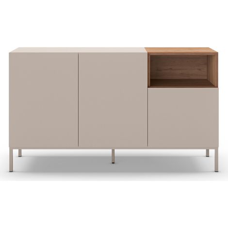 Drawer – Buffet 3 portes en mélaminé et placage chêne L140cm – Dimensions 140x42x80cm – Pieds en métal 17cm – Design minimaliste (1/5)