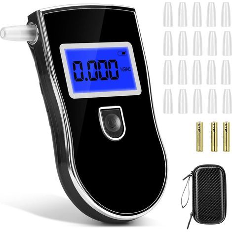 Testeur d'alcool électronique, testeur d'alcool numérique portable, testeur d'alcool avec écran LCD, testeur d'alcool à capteur à semi-conducteurs avec alarme, 20 embouts (noir) (1/5)