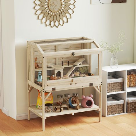 Jaula para hámster, 2 niveles, jaula para animales pequeños con compartimento de almacenamiento, accesorios, 84 x 53 x 110 cm, madera natural