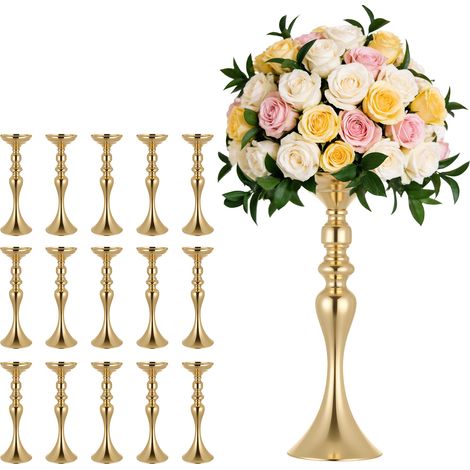 VEVOR Set di Vasi Decorativi da Matrimonio in Metallo 16 pezzi, Vasi Decorativi Centrotavola per Feste Eventi Banchetti Altezza 38 cm, Supporto per Composizioni Floreali per Decorazioni, Colore Oro