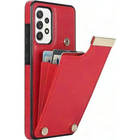 Étui Galaxy A52 4G/5G/A52s 5G, TPU Cuir Métal Décor Coque téléphone avec porte-cartes (Rouge) (1/5)