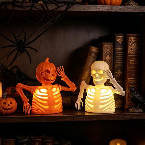 Veilleuse squelette décorative pour Halloween, avec LED blanc chaud, articulations mobiles, décoration effrayante, fonctionne à piles pour la maison, les fêtes d'Halloween, les bars (A+B) (1/5)