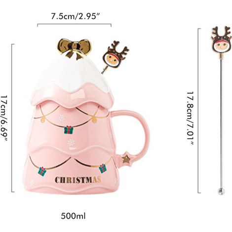 Mug en céramique rouge de 500 ml, idéal comme cadeau de Noël. Ce mug original en forme de sapin de Noël est fourni avec un couvercle et une cuillère. Il est parfait pour remuer le café. (1/5)