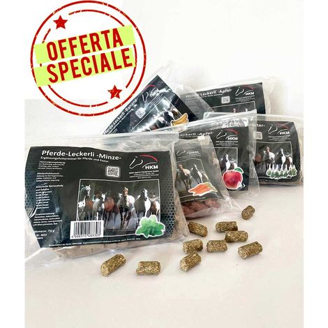 OFFERTA 6 Pacchi Biscotti per cavalli gusti mela, carota, erbe, banana, menta, mela senza grano da 750 g cad