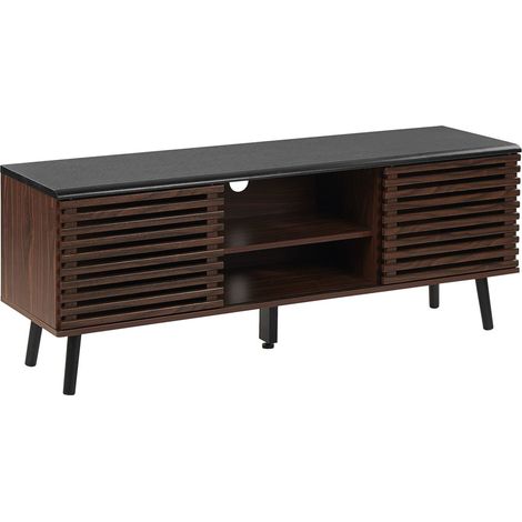 Meuble TV en Imitation Bois Foncé avec Deux Portes Coulissantes au Style Rétro 54 cm de Hauteur Beliani