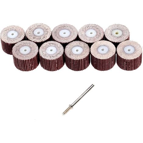 Set di 10 mole abrasive a lamelle per lucidatura, grana 240, diametro 20 mm, con mandrino da 3 mm, per utensili rotanti elettrici. (1/5)