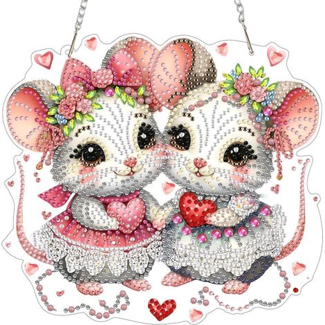 Pendentif Diamant Painting avec chaîne, Souris Saint-Valentin, Décoration fenêtre, 20x20cm (1/4)