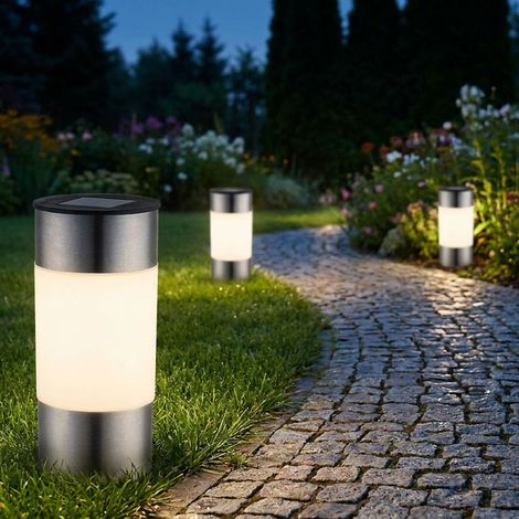 Set luci solari, luci a spina in acciaio inossidabile, luci per vialetti esterni, lampada solare, luce da giardino, LED bianco caldo, PxA 6,3x23,5 cm, set da 3 (1/5)