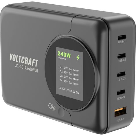 VOLTCRAFT UC-4C1A240W01 USB Ladegerät 240 W 4x USB-C®, 1x USB-A USB PD 3.0 Schwarz  GaN, USB Power D