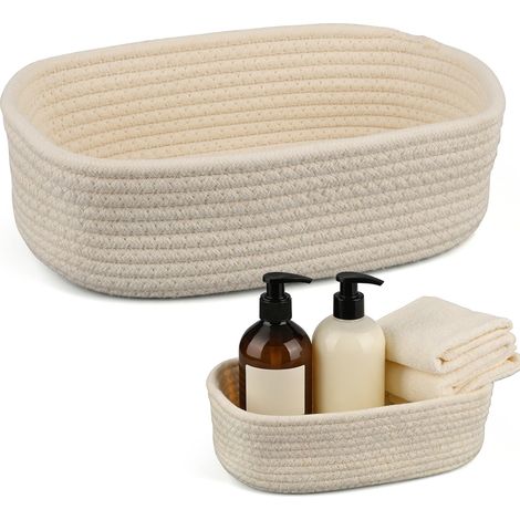 Panier de rangement tressé 30 x 20 x 9 cm - En coton tricoté - Blanc - Boîte de rangement pour salle de bain, coiffeuse, bureau - Décoration de rangement ovale (1/5)