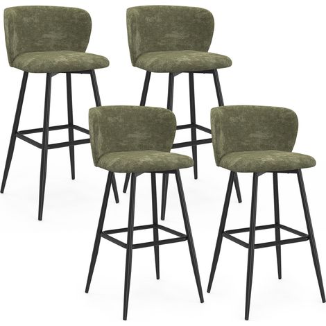 Lot de 4 tabourets de bar FANNY assise en chenille vert kaki et pieds en métal noir