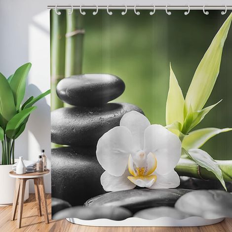 Rideau de Douche Zen Jardin 180x200, Spa Bambou Vert Pierre Noire Fleur Blanche Méditation Japonaise Détente Tissu étanche Lavable Rideau de Bain avec Crochets (1/5)