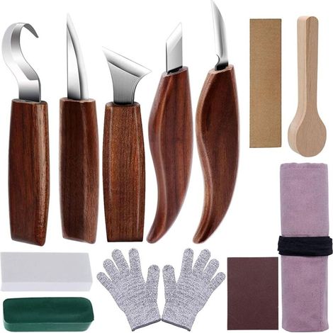 12-teiliges Holzschnitzwerkzeug-Set, inklusive Handmesser mit Haken, für Heimwerker, Anfänger und Profis. – Crezuo