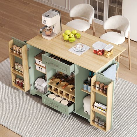 Chariot de cuisine 138/70/92 cm vert antique avec plan de travail extensible, rangements et casier à vin (1/5)