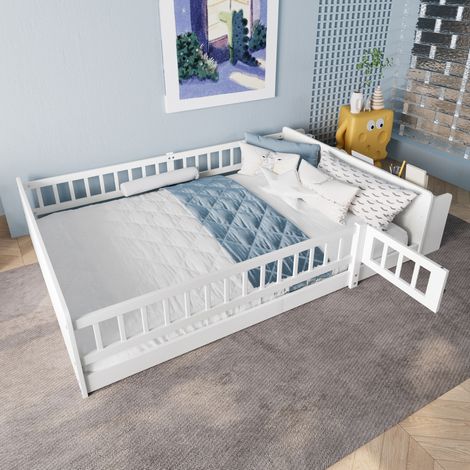 DESVIAE Lit enfant en pin blanc 140 x 190 cm avec rangement ouvert et étagères et porte barrière ouvrante montage facile (1/5)