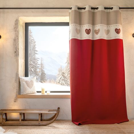 Rideau jacquard à œillets avec haut vichy et motifs cœurs Rouge 140x260 cm