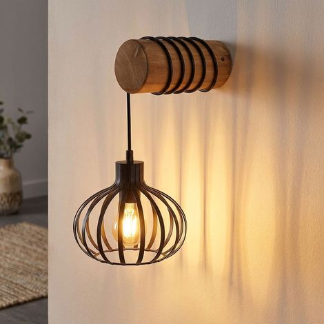 Wandleuchte Wandlampe Wohnzimmerleuchte Braun Holz Metall E27 Schalter H 59 cm (1/5)
