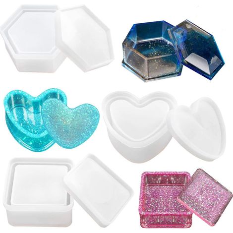 Lot de 3 moules en silicone pour résine avec couvercle, moules de coulée en résine époxy pour boîtes de rangement de bijoux, formes cœur, hexagone et carré, moules pour boîtes à pendentifs, kit d'outi