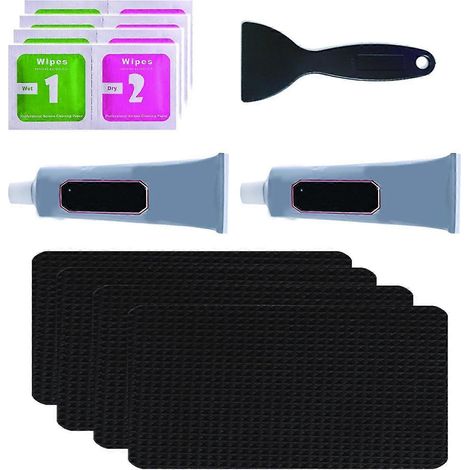 Kit de réparation pour trampoline, comprenant de la colle, des pièces de fixation et des pièces de réparation pour les déchirures du matelas de trampoline. (1/5)