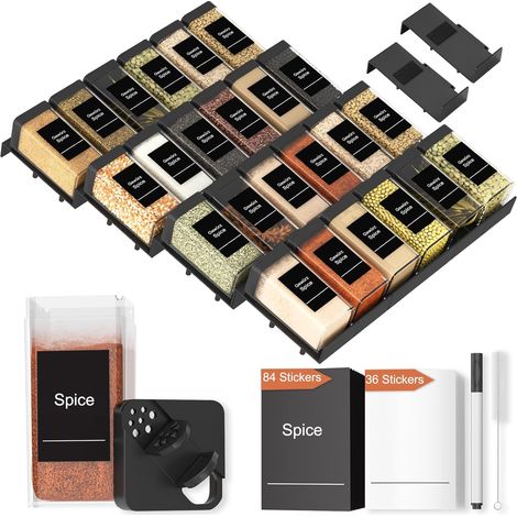 Rangement Epices Cuisine Tiroir 24 pièces avec 24 Bocaux, Étagère pour Tiroirs Porte Epice Support Epices Cuisine Organisateur Grande Capacité Extensible (1/5)