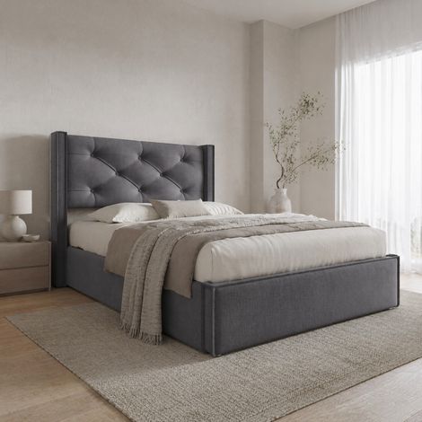 Letto contenitore 90x200 cm idraulico, letto imbottito con contenitore, grigio DESVIAE (1/5)