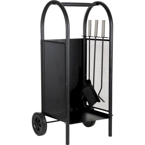 Chariot porte bûches en fer noir avec accessoires cheminée - noir mat et argent brossé (1/5)