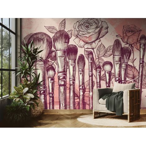 Papier peint Floral – pinceaux et roses délicates - 500 x 270 cm (1/2)