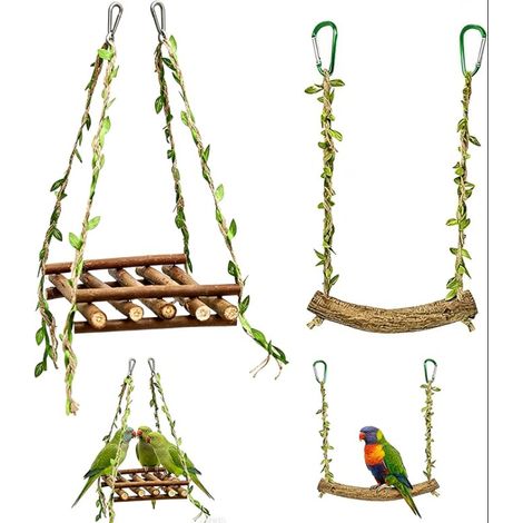 Balançoires en Bois Naturel pour Cage à Oiseaux – perchoirs Verts pour perruches et calopsittes, Jouets d’Exercice et de détente (1/5)