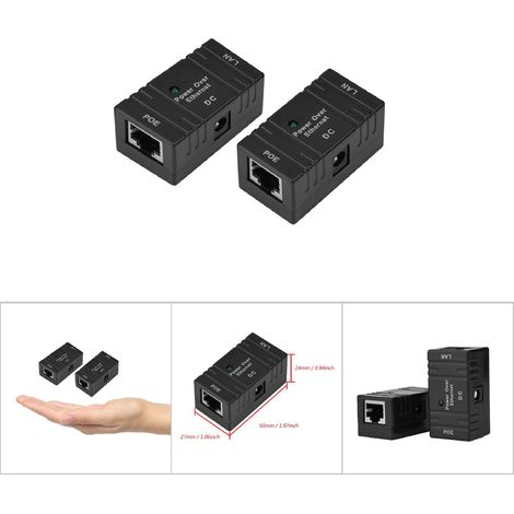 Adaptateur Ethernet d'injecteur de Module d'alimentation POE RJ45 de 2 pièces pour caméra IP réseau noir. (1/5)