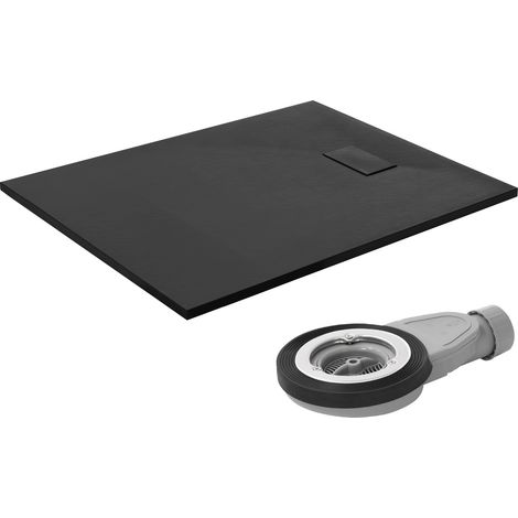 LuxeBath Duschwanne 120x90 cm Schwarz mit Ablaufgarnitur, Extra flache & robuste SMC Duschtasse, Rechteckige Brausewanne H:30 mm, Design Brausetasse Anti-Rutsch-Oberfläche in Schieferoptik mit Siphon (1/5)