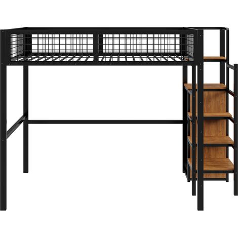 Hochbett 140 x 200 cm aus Metall und MDF, schwarz, mit Leiter und Stauraum (1/5)