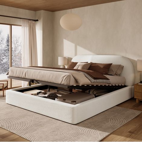 Letto matrimoniale imbottito 160x200 cm in bouclé beige con testiera, rete a doghe e contenitore idraulico (1/5)