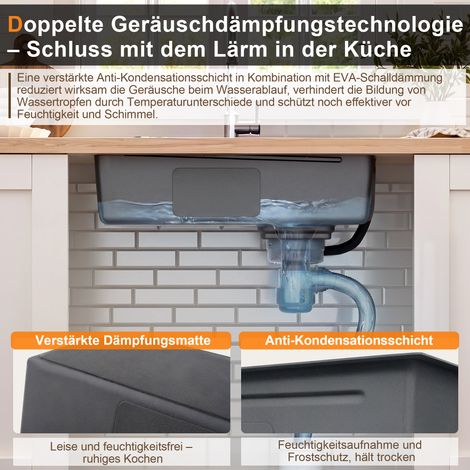 Évier à encastrer inox 75x45 cm, bac à découpe, cuve auxiliaire, égouttoir intégré, finition PVD, siphon cascade, insonorisé, 3 percements robinet. (1/5)