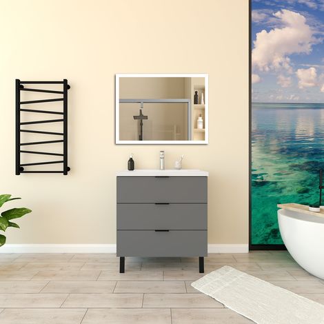 Aica Ensemble meuble de Salle de Bain 80cm avec Pieds, et vasque en céramique, 3 tiroirs, Anthracite, Style Moderne