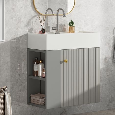 Lavabo 55x31x66 cm, avec meuble de rangement, étagères latérales, motif en relief, MDF, poignées en métal, suspendu, meuble de salle de bain - Gris (1/5)