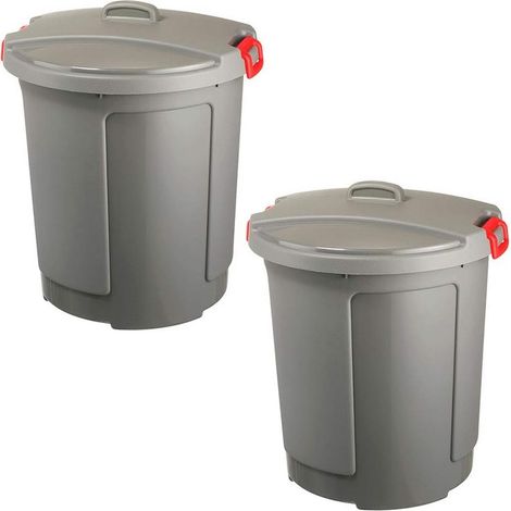 BRB Lot de 2 poubelles rondes en plastique avec couvercle, 75 l, résistant au gel jusqu'à -20 °C, gris