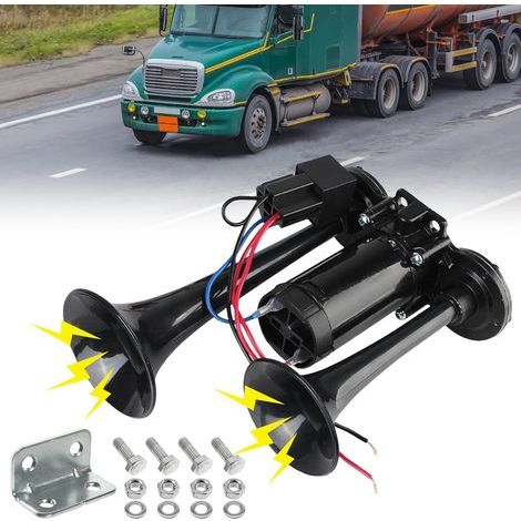 Klaxon de camion 12 V - Double tube - Super fort - Klaxon de voiture - Klaxon LWK - Avec compresseur - Kit klaxon à air comprimé - Pour voiture, train, bateau, voiture, van (1/5)
