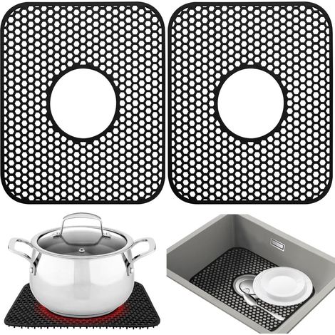 Lot de 2 - Tapis d'évier noir - Protection d'évier - Dessous de verre en silicone - Accessoires de cuisine - Dessous de verre en silicone - Dessous de verre résistant à la chaleur - Tapis d'évier noir (1/5)