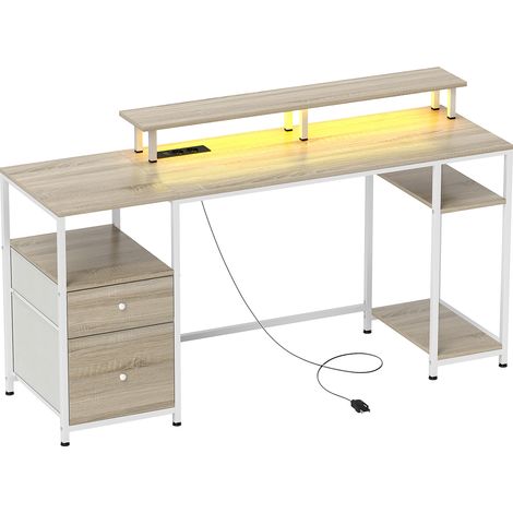 Bureau d'ordinateur avec lumières LED ajustables, 2 prises et ports USB, tiroirs et étagères, 155,5x48x88,5cm, aspect bois naturel (1/5)
