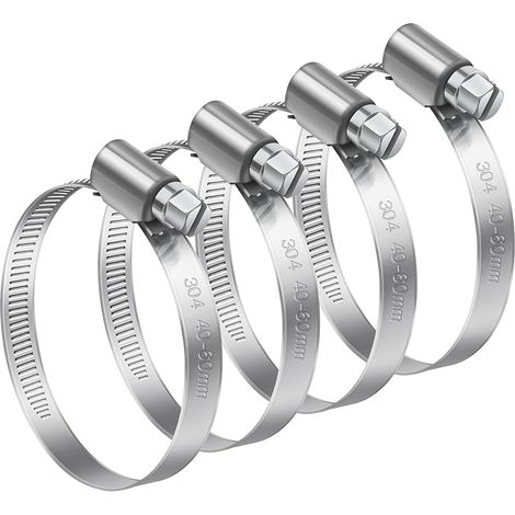 4 Pièces 40-60mm Collier de Serrage Réglable, Collier de Serrage Inox 304 Collier Serrage Métallique pour la Plomberie, Piscine, l'Automobile et les Applications Mécaniques (1/5)